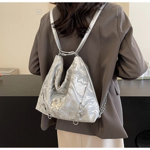 Silver PU leather backpack with marble pattern, butterfly badge and chain straps detail