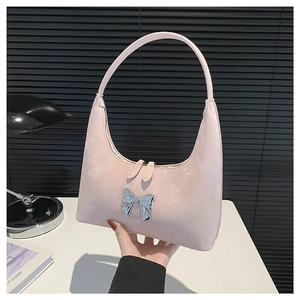 Women PU Leather Hobo Shoulder Bag With Silver Metal Bow Minimalist Underarm Bag Y2K Trendy Versatile Fashion Handbag
