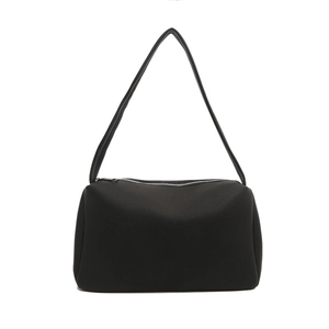 Minimalist black PU leather shoulder bag with pebbled texture and silver metal zipper