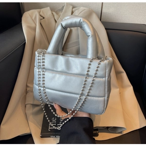 Trendy Women Quilted Puffy Shoulder Bag PU Leather Padded Handbag With Silver Metal Ball Chain Versatile Minimalist Crossbody Satchel Daily Bag