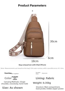 Detailed size chart showing dimensions 30x18x6cm for water-repellent brown crossbody bag
