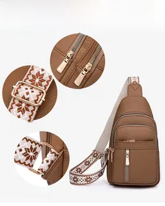 Detail of lychee pattern leather chest bag with golden hardware and snowflake woven strap