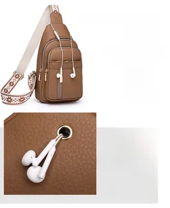 Detail of cross-body bag featuring dedicated earphone jack and ethnic patterned strap