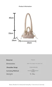 Detail view of beige ruched polyester crossbody bag with dimensions and strap specifications