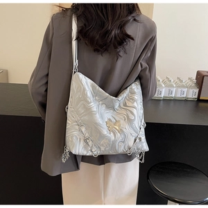 Chic marble pattern PU leather tote bag with a golden butterfly metal clasp and chain