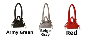 Close-up of quilted puffy bucket bags in army green, rice grey, and red colors
