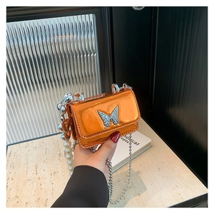 Y2K Women Mini Crossbody Bag Metallic PU Leather Butterfly Rhinestone Decorative Heart Faux Artificial Pearl Handle Shoulder Bag