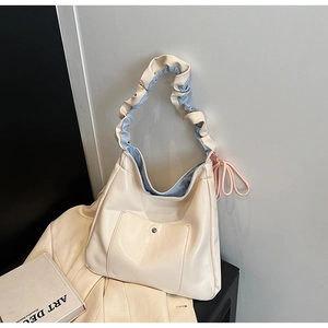 Chic cream PU shoulder bag with pleated handle and magnetic buckle for daily commute