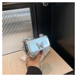 Silver mirror PU leather crossbody bag with butterfly badge and silver beaded chain