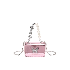 Pink metallic mirror PU leather crossbody bag with crystal butterfly and pearl heart handle