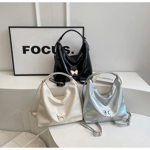 Fashion PU Leather Hobo Shoulder Bag For Women Urban Simple Butterfly Buckle Handbag With Chain Strap Large Tote Bag