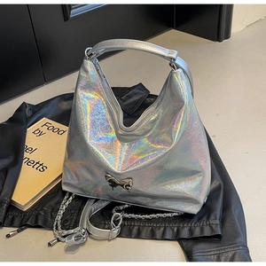 Chic silver laser PU tote bag with a metallic butterfly charm and Y2K aesthetic chain strap