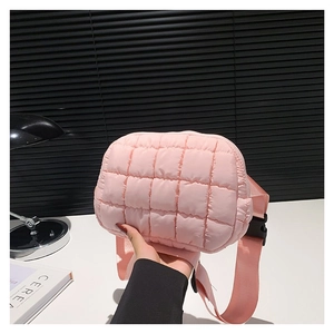 Pink quilted crossbody waist bag made of lightweight nylon with a black plastic buckle