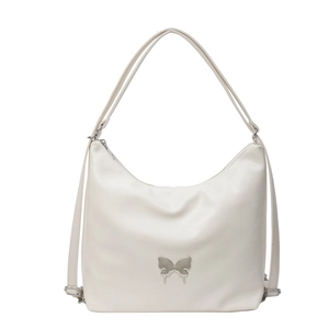 Minimalist cream white PU leather hobo shoulder bag with silver butterfly emblem