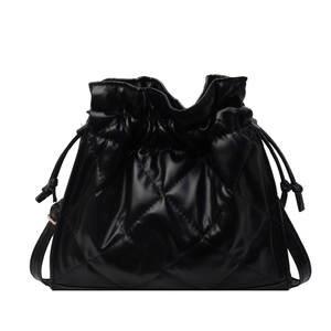 Classic black quilted PU leather drawstring bucket bag with elegant diamond stitching pattern