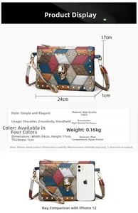 Detailed technical dimensions and size comparison for the rivet studded crossbody bag