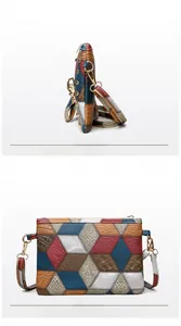 Detail view of the side and back of a colorful geometric patchwork crossbody bag