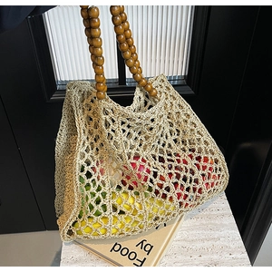 Women Vintage Straw Woven Tote Bag Hollow Mesh Shoulder Bag With Wooden Bead Handle Summer Beach Vacation Handbag
