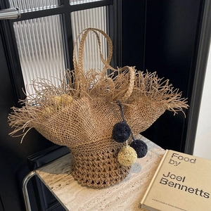Borsa a Spalla in Paglia Intrecciata a Mano per Donna Tote Bohemien con Frange e Pompon Borsa da Spiaggia Estiva Grande Capacità