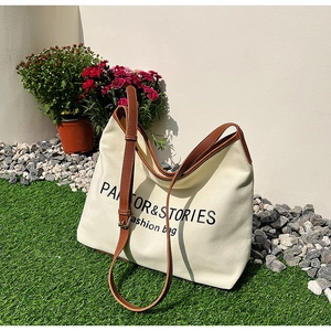 Women Minimalist Canvas Shoulder Bag Large Capacity Contrast PU Trim Tote With Letter Print Casual Crossbody Bag For Daily Travel