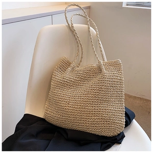 Chic beige straw woven tote bag for women with dual top handles for shoulder or hand carry