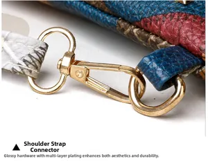 Close-up of light gold lobster clasp and D-ring on multi-color pattern leather bag