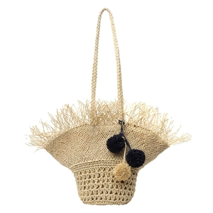 Borsa a mano minimalista in paglia da donna con pompon decorativi e dettagli di frange