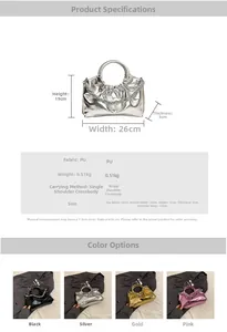 Detailed size chart and multi-color view of metallic PU crossbody bag with chain