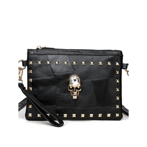 Vintage Punk Women Shoulder Bag With Skull Rhinestone Rivets PU Leather Patchwork Crossbody Messenger Bag Small Square Clutch