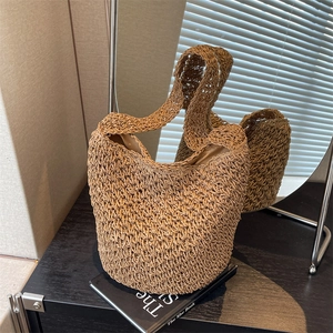 Sac Seau Tissé en Paille Rétro d'Été Grande Capacité Mode PU Sac à Épaule Fait à la Main Décontracté Plage Vacances Main