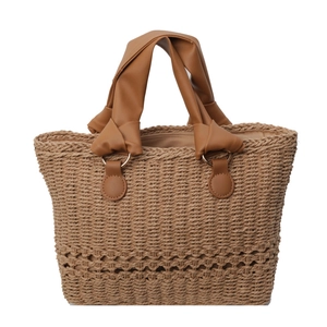 Minimalist straw woven handbag with brown leather handles and hollowed mesh base design