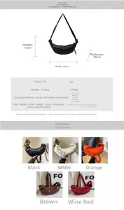 Detailed size specifications and material chart for the pleated PU leather crescent bag