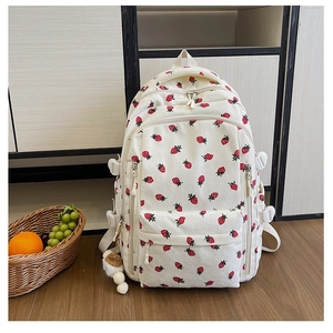 Sac à Dos en Velours Côtelé pour Femmes Imprimé Fraise Cerise Sac d'École Plaid Grande Capacité Sac de Voyage Casual