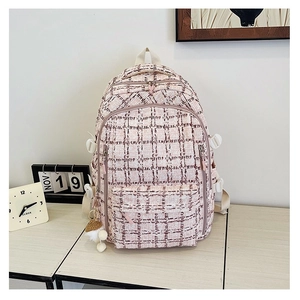 Sac à dos en tweed à carreaux rose et blanc avec charme en peluche style école