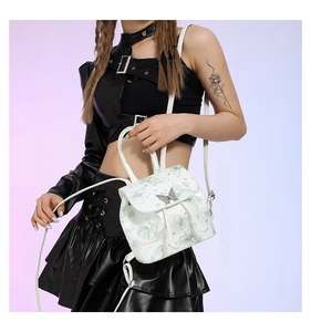 Mini white PU backpack with green butterfly print and silver metal butterfly buckle detail