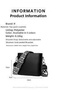 Detailed size specifications and macro view of black leather bag with woven strap