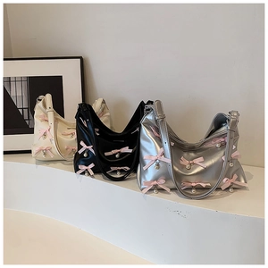 Chic PU crossbody bags with pink satin bows and pearls in cream, black, and silver finishes