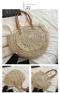 Detail of beige woven straw tote with brown leather straps and cross-stitch craft