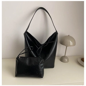 Minimalist black PU leather hobo shoulder bag set with matching small zipper pouch