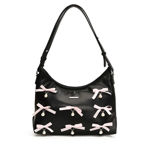 Minimalist black PU shoulder bag with pink silk bows and pearl metallic charms