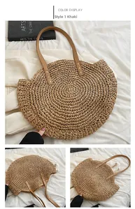 Detailed views of a khaki straw handbag featuring semi-circular shape and brown leather strap