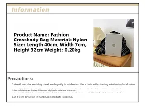 Polka dot nylon tote bag specifications with 40x7x32cm dimensions and washing care details