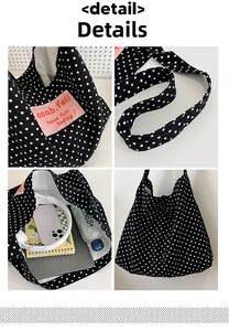 Detailed views of polka dot canvas tote bag with pink logo patch and spacious interior
