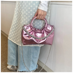 Pink metallic PU leather cloud bag with pleated handles and silver chain strap