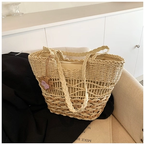 Women Straw Woven Shoulder Bag Patchwork Hollow Out Tote Bag Large Capacity Beach Vacation Handbag With Flower Charm