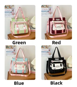 Collage of nylon tote bags in four colorways with a cute bunny charm and shoulder strap