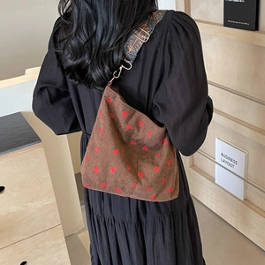 Brown corduroy tote bag with strawberry embroidery and ethnic style wide shoulder strap