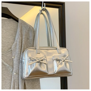 Sac à Épaule en Cuir PU pour Femmes Texture Métallique Plissée Avec Nœuds Sac à Main Simple Versatile Pour Usage Quotidien