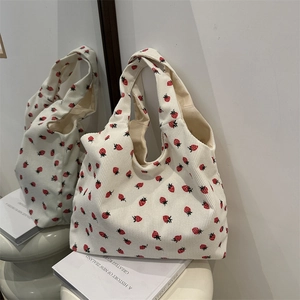 Women Strawberry Print Corduroy Tote Bag Large Capacity Casual Shoulder Bag Cute Student Handbag Eco Friendly Shopping Bag