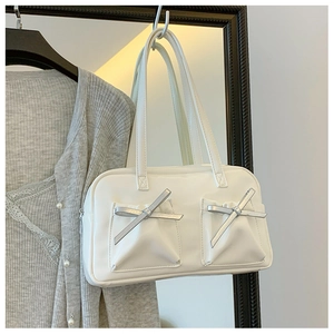Sac à main minimaliste en cuir PU blanc avec des nœuds argentés en 3D et deux poignées